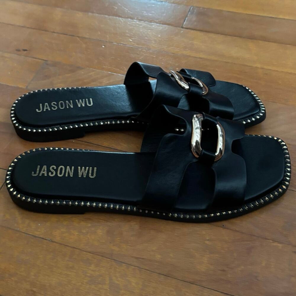Jason Wu Women’s Size 9 Danis Slide Sandals Studs Black Gold - Picture 2 of 5
